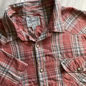 Lucky Brand SS Milk Pearl Snap Shirt Men XXL Plaid Salmon Western Cowboy Rancher